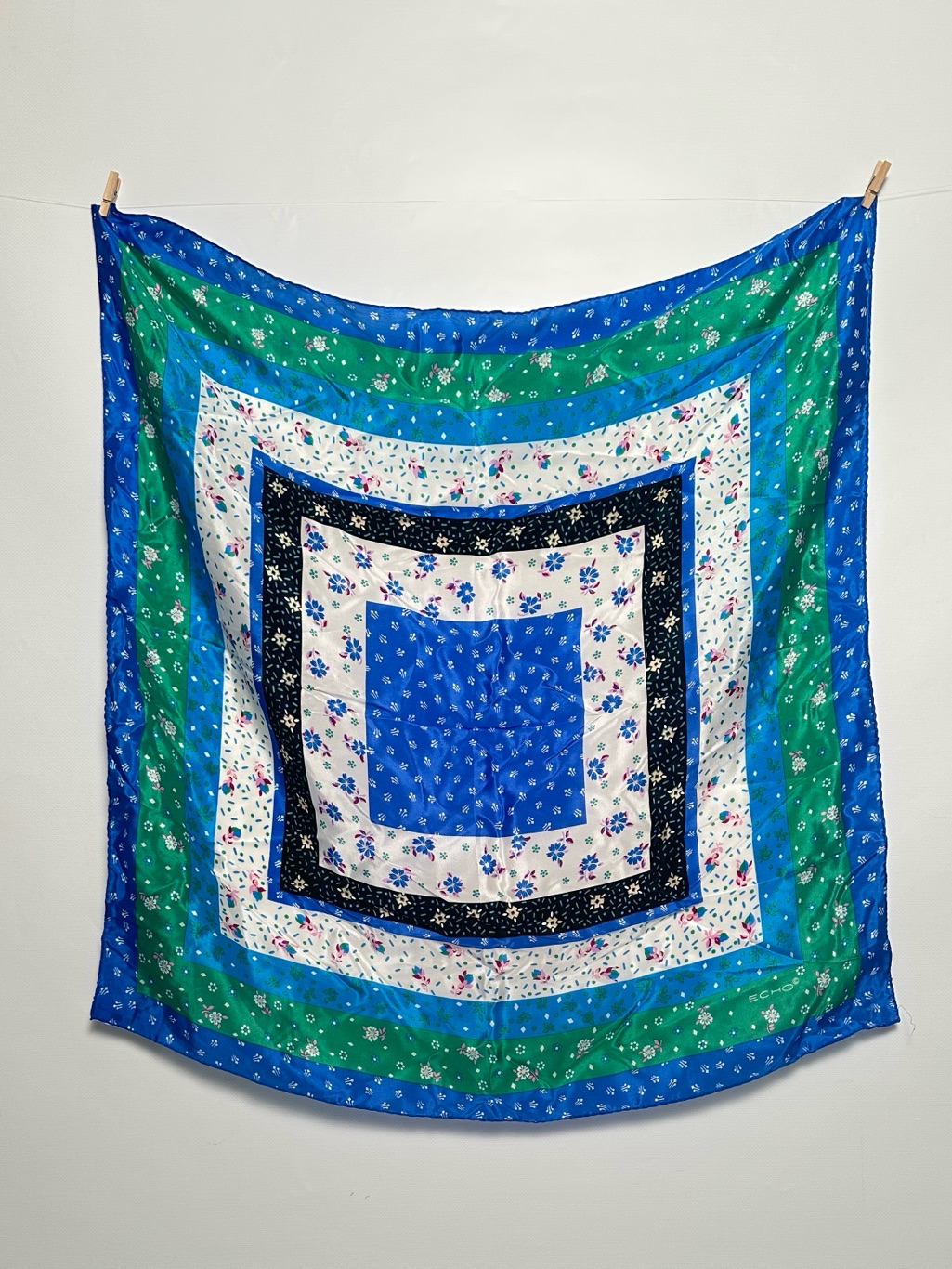 Echo Vintage 100 Silk Scarf Japan Blue Green White Floral